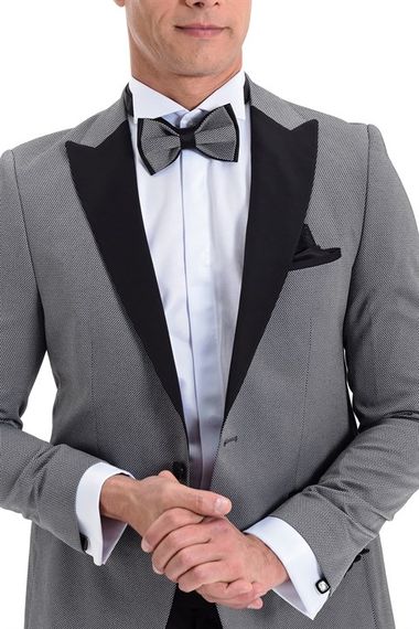 Серый мужской смокинг Morven Broadway Slim Fit с длинными рукавами и воротником с острым краем - фото 4