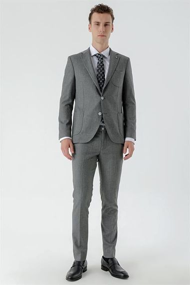 Morven Erkek Gri Poliviskon Trend Desenli Slim Fit Mono Yaka Takım Elbise - fotoğraf 1