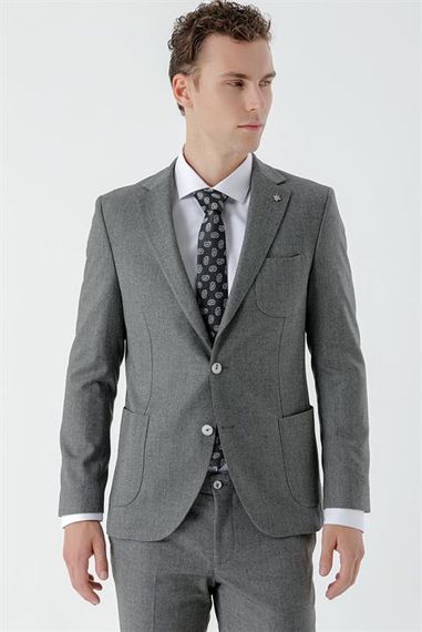 Morven Erkek Gri Poliviskon Trend Desenli Slim Fit Mono Yaka Takım Elbise - fotoğraf 5