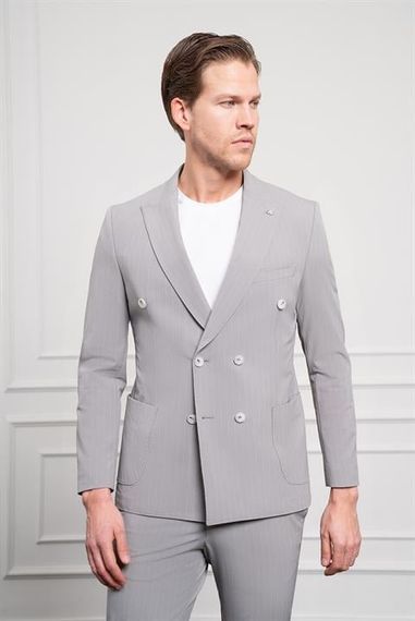 Morven Erkek Gri Polyamide Trend Kruvaze Slim Fit Sivri Yaka Takım Elbise - fotoğraf 3