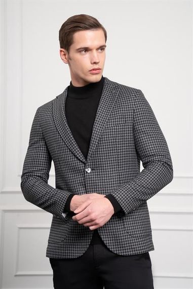 Morven Erkek Siyah Dokuma Slim Fit Dar Kesim Mono Yaka Ceket - صورة 3