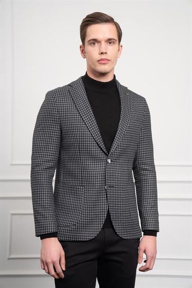 Morven Erkek Siyah Dokuma Slim Fit Dar Kesim Mono Yaka Ceket - صورة 1