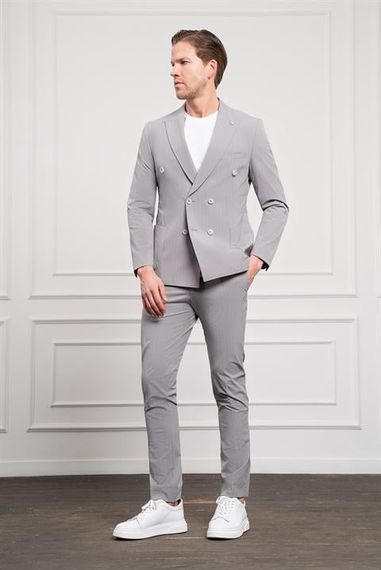 Morven Erkek Gri Polyamide Trend Kruvaze Slim Fit Sivri Yaka Takım Elbise - fotoğraf 1