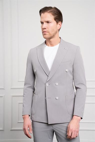 Morven Erkek Gri Polyamide Trend Kruvaze Slim Fit Sivri Yaka Takım Elbise - fotoğraf 4