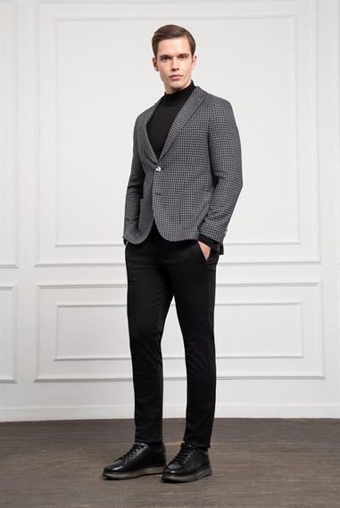 Morven Erkek Siyah Dokuma Slim Fit Dar Kesim Mono Yaka Ceket - صورة 2