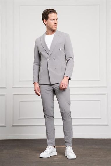 Morven Erkek Gri Polyamide Trend Kruvaze Slim Fit Sivri Yaka Takım Elbise - fotoğraf 2