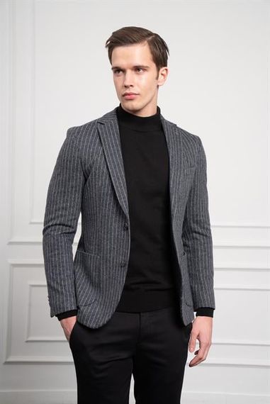 Morven Erkek Gri Örme Slim Fit Dar Kesim Mono Yaka Ceket - صورة 1
