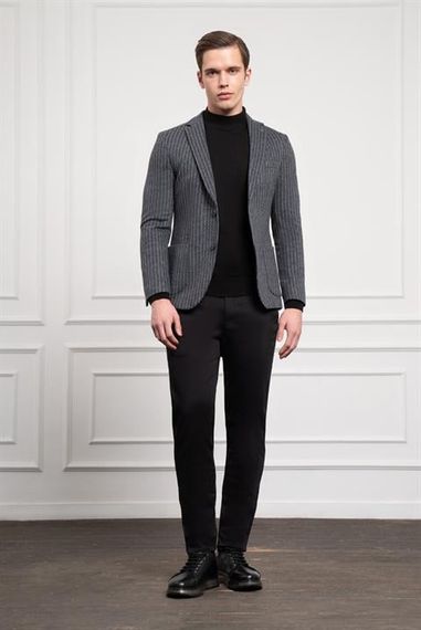 Morven Erkek Gri Örme Slim Fit Dar Kesim Mono Yaka Ceket - صورة 2