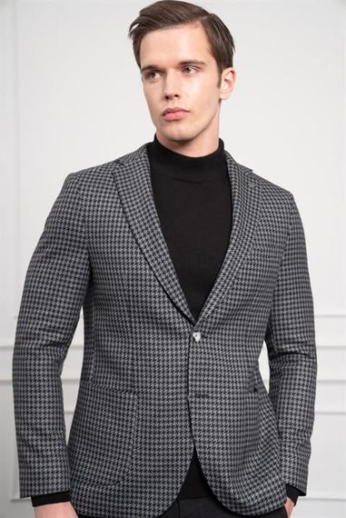 Morven Erkek Siyah Dokuma Slim Fit Dar Kesim Mono Yaka Ceket - صورة 4