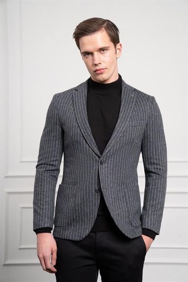 Morven Erkek Gri Örme Slim Fit Dar Kesim Mono Yaka Ceket - صورة 4