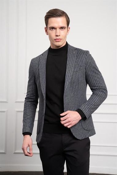 Morven Erkek Gri Örme Slim Fit Dar Kesim Mono Yaka Ceket - صورة 3