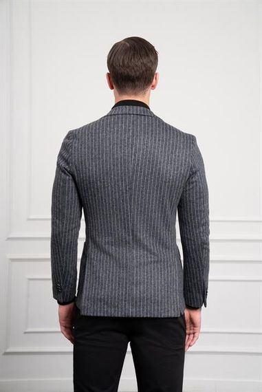 Morven Erkek Gri Örme Slim Fit Dar Kesim Mono Yaka Ceket - صورة 5
