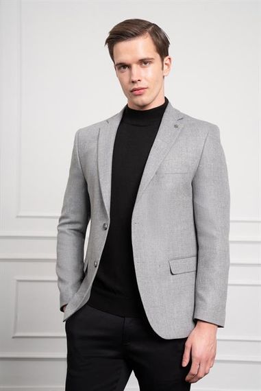 Morven Erkek Gri Yünlü Desenli Dynamic Fit Rahat Kesim Mono Yaka Ceket - photo 1