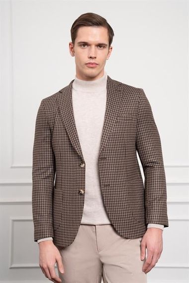 Morven Erkek KAHVE Dokuma Slim Fit Dar Kesim Mono Yaka Ceket - fotoğraf 1