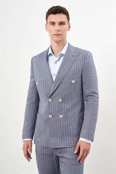 Morven Erkek Lacivert Keten Trend Kruvaze Slim Fit Sivri Yaka Takım Elbise