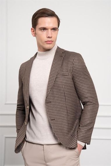 Morven Erkek KAHVE Dokuma Slim Fit Dar Kesim Mono Yaka Ceket - fotoğraf 3