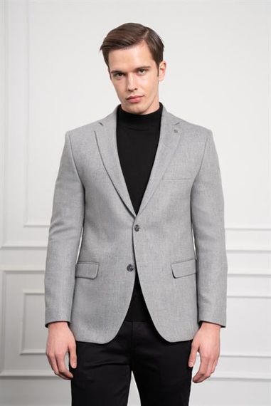 Morven Erkek Gri Yünlü Desenli Dynamic Fit Rahat Kesim Mono Yaka Ceket - photo 4