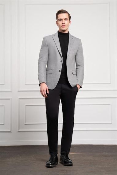 Morven Erkek Gri Yünlü Desenli Dynamic Fit Rahat Kesim Mono Yaka Ceket - photo 2