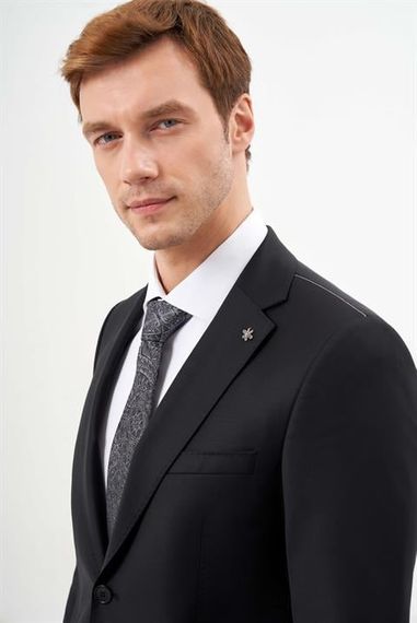Morven Erkek Siyah Yünlü Platinium Düz Desen Slim Fit Mono Yaka Takım Elbise - fotoğraf 2