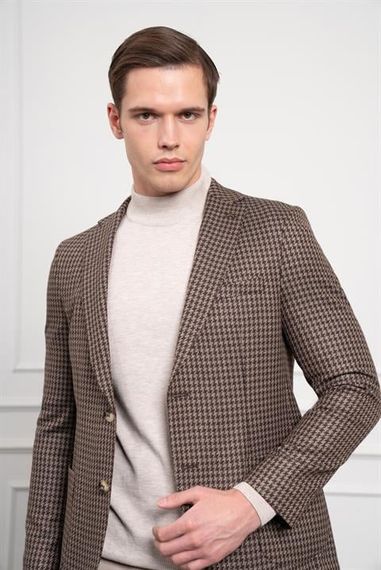 Morven Erkek KAHVE Dokuma Slim Fit Dar Kesim Mono Yaka Ceket - fotoğraf 4
