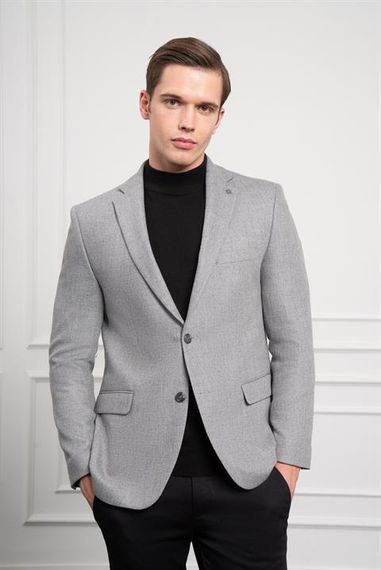 Morven Erkek Gri Yünlü Desenli Dynamic Fit Rahat Kesim Mono Yaka Ceket - photo 5