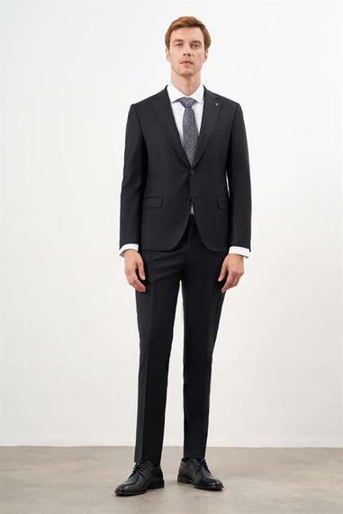 Morven Erkek Siyah Yünlü Platinium Düz Desen Slim Fit Mono Yaka Takım Elbise - fotoğraf 4