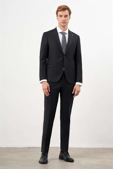 Morven Erkek Siyah Yünlü Platinium Düz Desen Slim Fit Mono Yaka Takım Elbise - fotoğraf 3