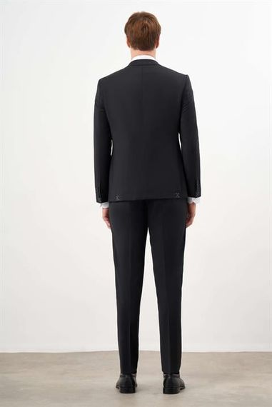 Morven Erkek Siyah Yünlü Platinium Düz Desen Slim Fit Mono Yaka Takım Elbise - fotoğraf 5