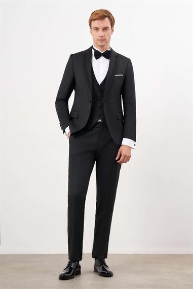 Morven Erkek Siyah Poliviskon Ceromonia Jakar Desen Slim Fit Şal Çıkma Yaka Damatlık - photo 3