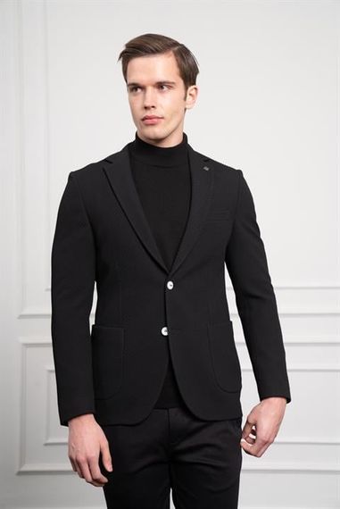 Morven Erkek Siyah Poliviskon Dokuma Desenli Slim Fit Dar Kesim Mono Yaka Ceket - صورة 1