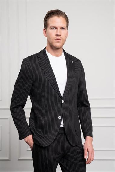 Morven Erkek Siyah Örme Slim Fit Mono Yaka Takım Elbise Dar Kesim - фото 4
