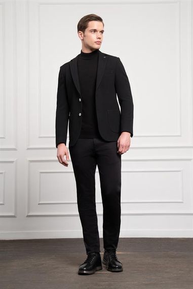 Morven Erkek Siyah Poliviskon Dokuma Desenli Slim Fit Dar Kesim Mono Yaka Ceket - صورة 2