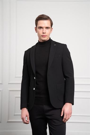 Morven Erkek Siyah Poliviskon Dokuma Desenli Slim Fit Dar Kesim Mono Yaka Ceket - صورة 3