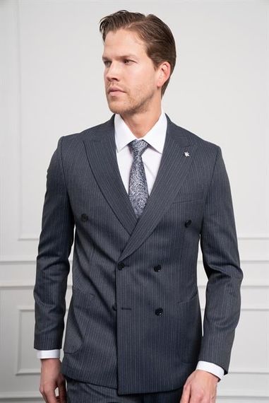 Morven Erkek Lacivert Trend Slim Fit Dar Kesim Sivri Yaka Kruvaze Takım Elbise - صورة 4