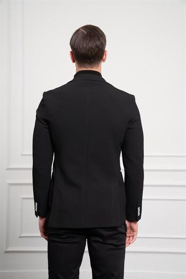 Morven Erkek Siyah Poliviskon Dokuma Desenli Slim Fit Dar Kesim Mono Yaka Ceket - صورة 5