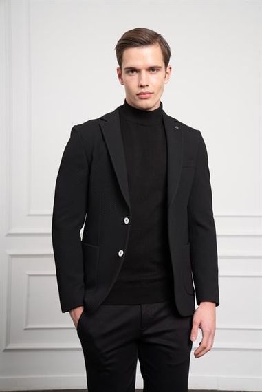 Morven Erkek Siyah Poliviskon Dokuma Desenli Slim Fit Dar Kesim Mono Yaka Ceket - صورة 4