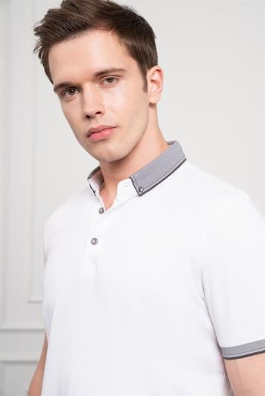 Morven Erkek Beyaz Trend Merserize Düz Düğmeli Yaka Dynamic Fit T-Shirt - фото 5