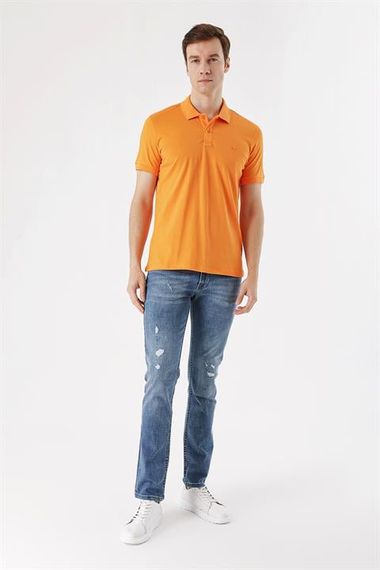 Erkek Oranj Basic Düz %100 Pamuk Slim Fit Dar Kesim Kısa Kollu  Polo Yaka Tişört - фото 4
