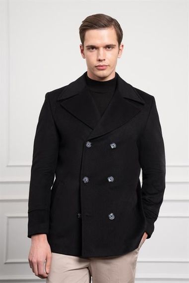 Morven Erkek Siyah Yünlü Kruvaze Dynamic Fit Sivri Yaka Kaban - photo 2