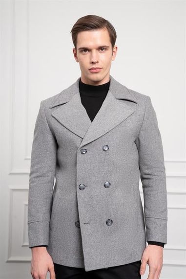 Morven Erkek Gri Yünlü Kruvaze Dynamic Fit Sivri Yaka Kaban - photo 1