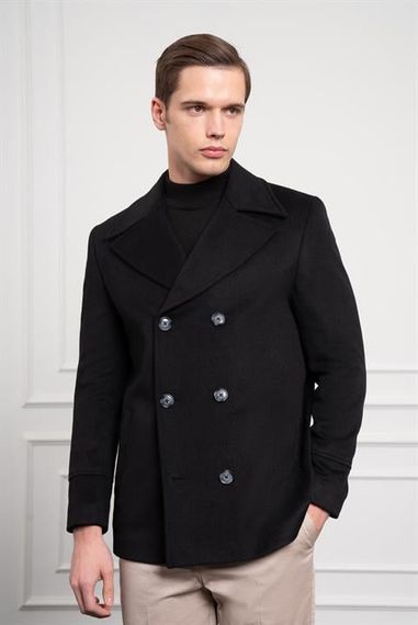 Morven Erkek Siyah Yünlü Kruvaze Dynamic Fit Sivri Yaka Kaban - photo 1