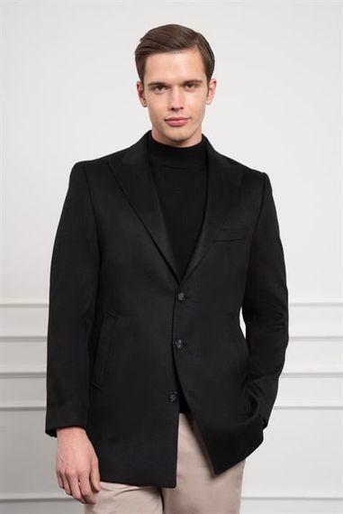 Morven Erkek Siyah Düz Sivri Yaka Dynamic Fit Kaban - фото 1