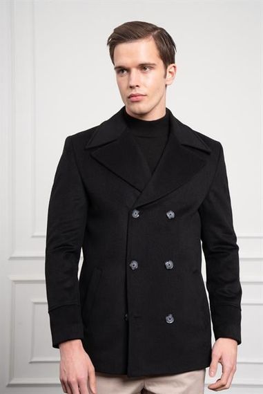 Morven Erkek Siyah Yünlü Kruvaze Dynamic Fit Sivri Yaka Kaban - photo 3