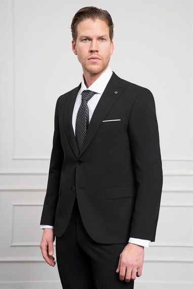 Morven Erkek Siyah Basic Düz Desen Slim Fit Sivri Yaka Takım Elbise - fotoğraf 5
