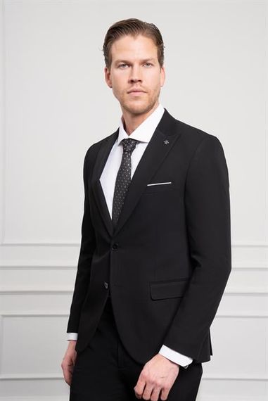 Morven Erkek Siyah Basic Düz Desen Slim Fit Dar Kesim Sivri Yaka Takım Elbise - صورة 1