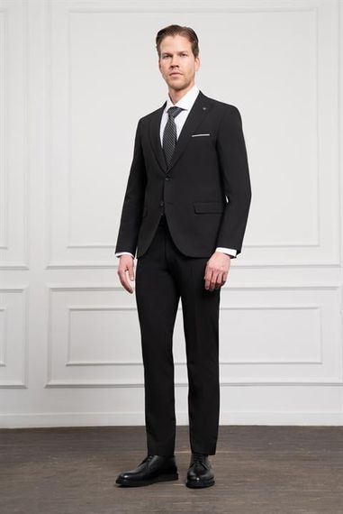 Morven Erkek Siyah Basic Düz Desen Slim Fit Sivri Yaka Takım Elbise - fotoğraf 3