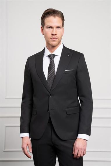 Morven Erkek Siyah Basic Jakar Desen Slim Fit Sivri Yaka Takım Elbise - fotoğraf 1