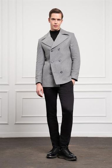 Morven Erkek Gri Yünlü Kruvaze Dynamic Fit Sivri Yaka Kaban - photo 2