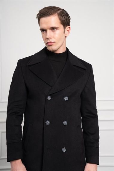 Morven Erkek Siyah Yünlü Kruvaze Dynamic Fit Sivri Yaka Kaban - photo 4