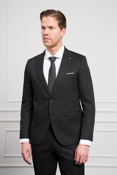 Morven Erkek Siyah Basic Jakar Desen Slim Fit Sivri Yaka Takım Elbise - fotoğraf 4
